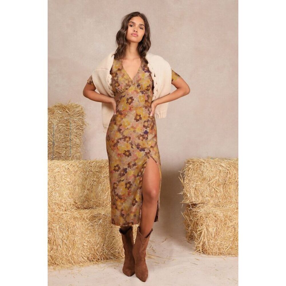 Lulus Marvelously Stylish Brown Floral Flutter Sleeve Midi Dress - Size S